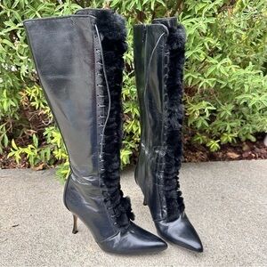 COLE HAAN COLLECTION BLACK LEATHER STILETTO LACE UP BOOTS WITH FUR TRIM SZ 5.5B
